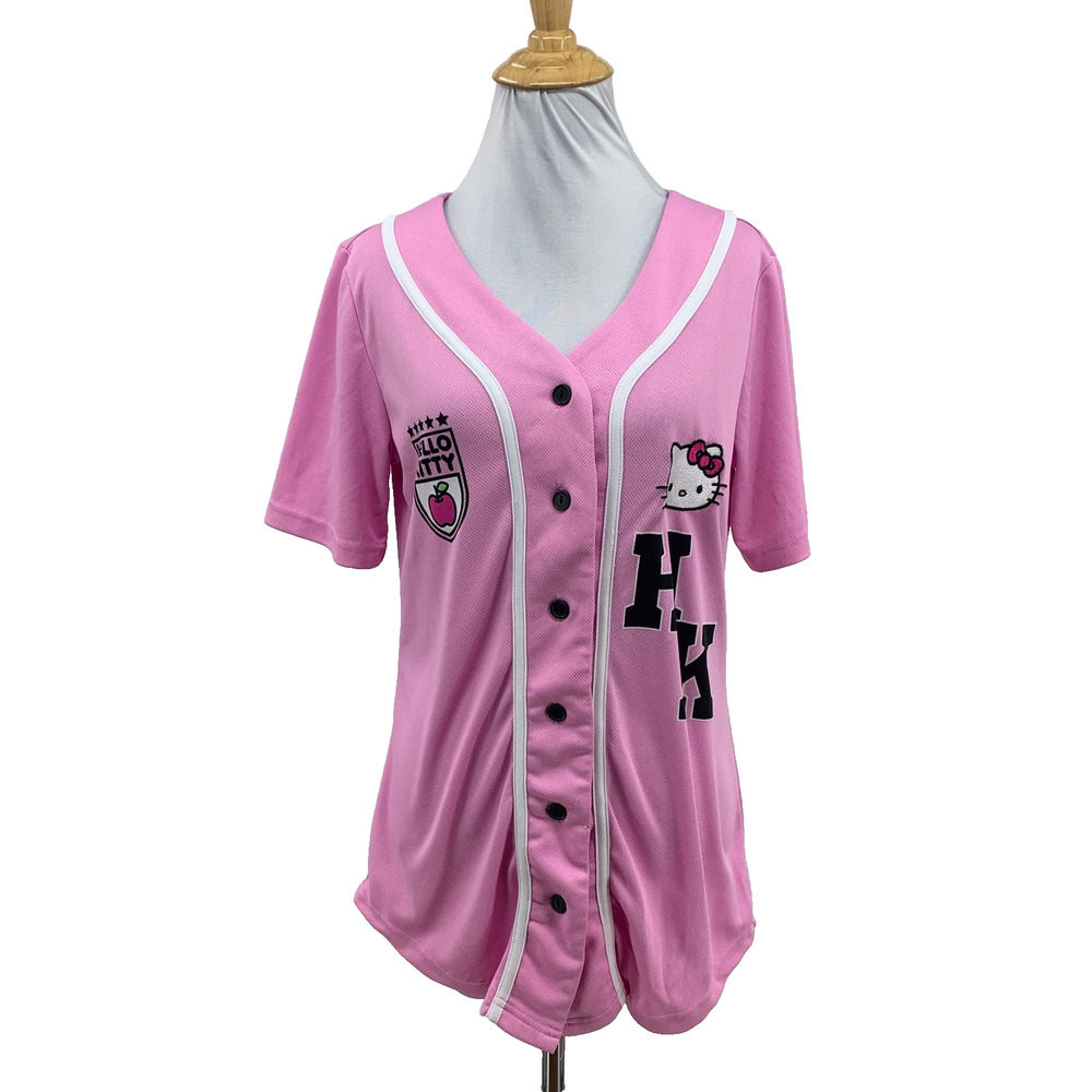 Hello Kitty Jersey Women M Medium Pink White Graphic Baseball Button Sanrio Cat